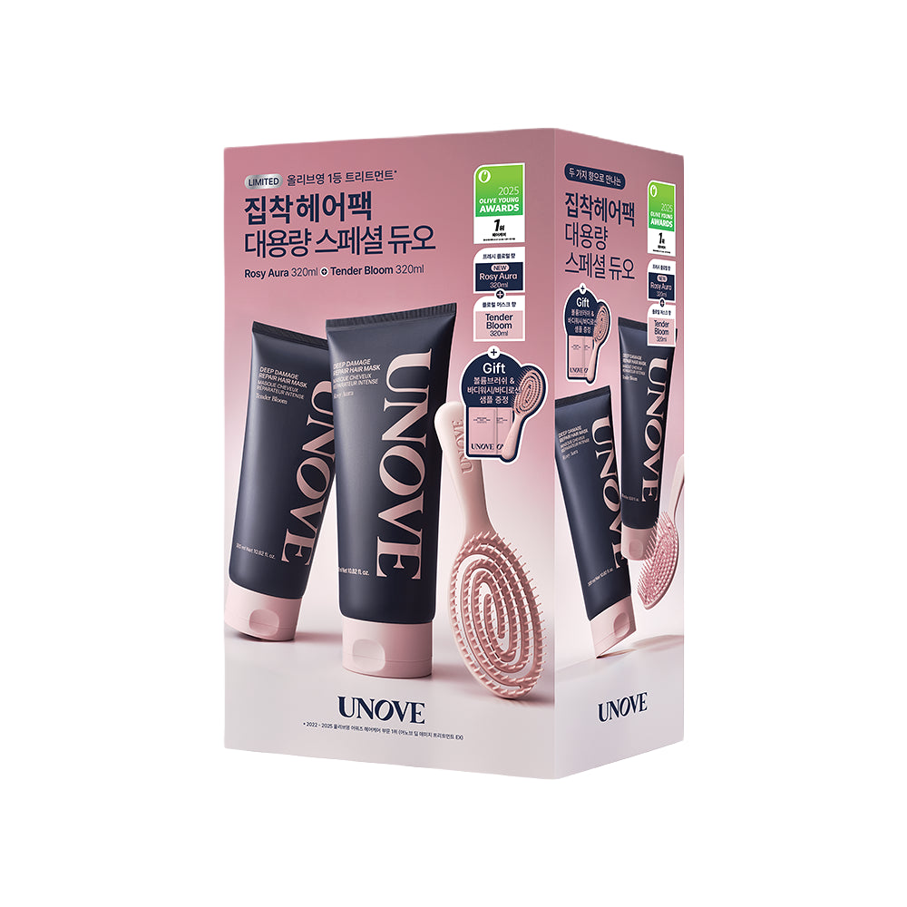 OliveYoung連線 l UNOVE Deep Damage Hair Treatment [Olive Young Pick]  深層受損修護髮膜護髮素 花朵320ml + 玫瑰320ml + 刷子套裝